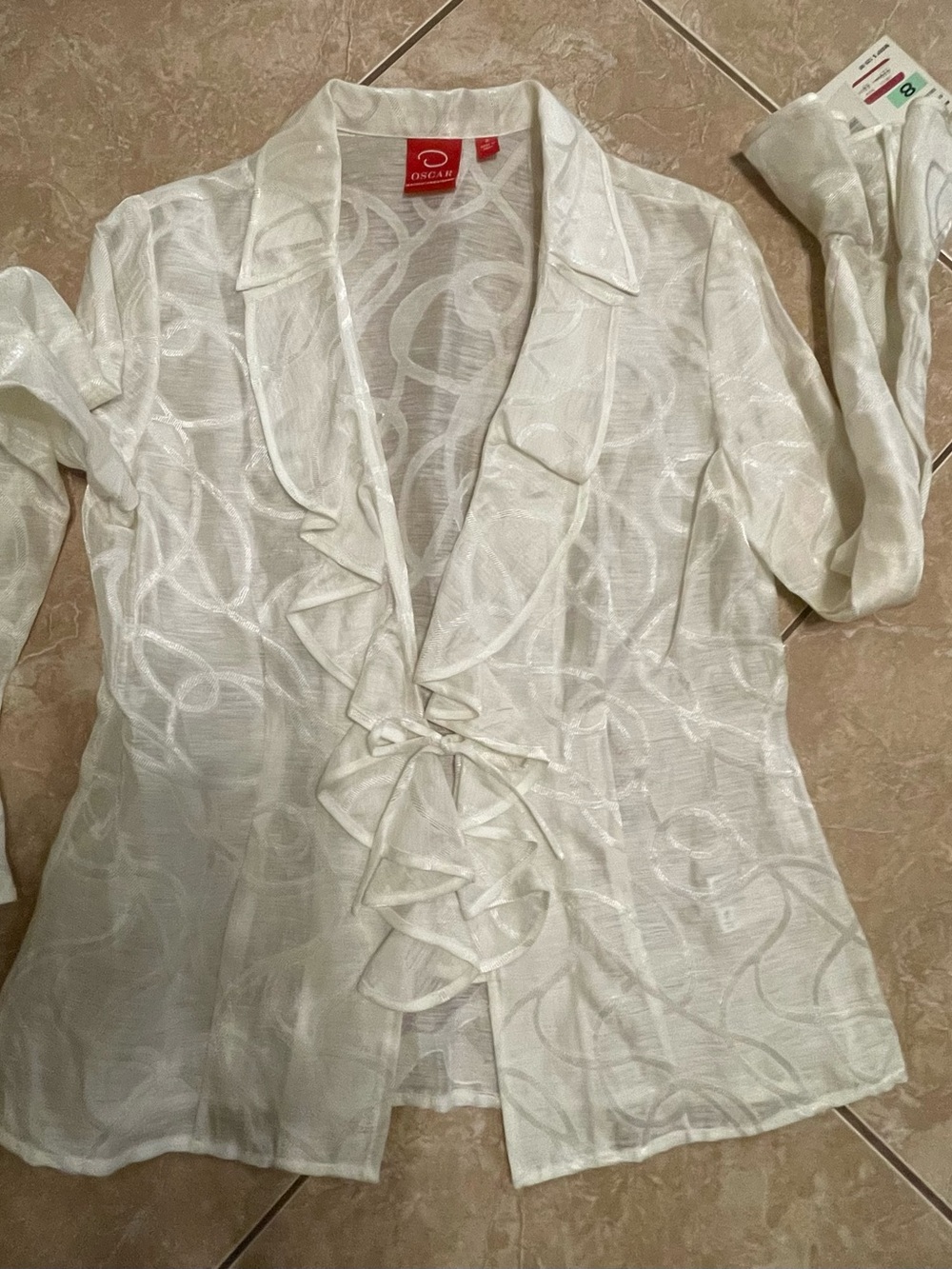 Oscar de la Renta Sheer Ivory Ruffle Tie Blouse